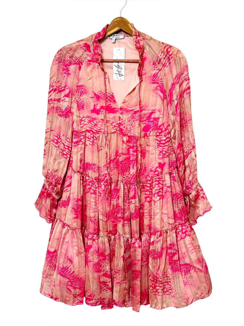 Jeff Gallano Paris Tiered Babydoll Dress Size 1 Small Pink Coral Ruffle Abstract
